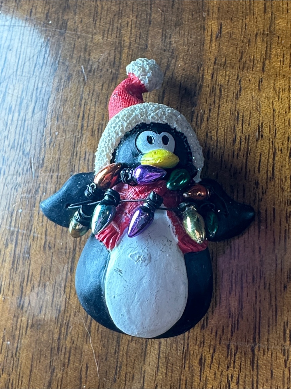 Holiday Penguin Plastic Resin Brooch Tangled in Multicolor Christmas Lights